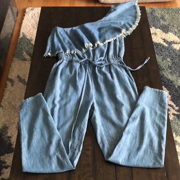 Blank NYC Making Waves Cotton Jumpsuit XS Frayed One Shoulder Back Cutout Pants - Picture 2 of 16